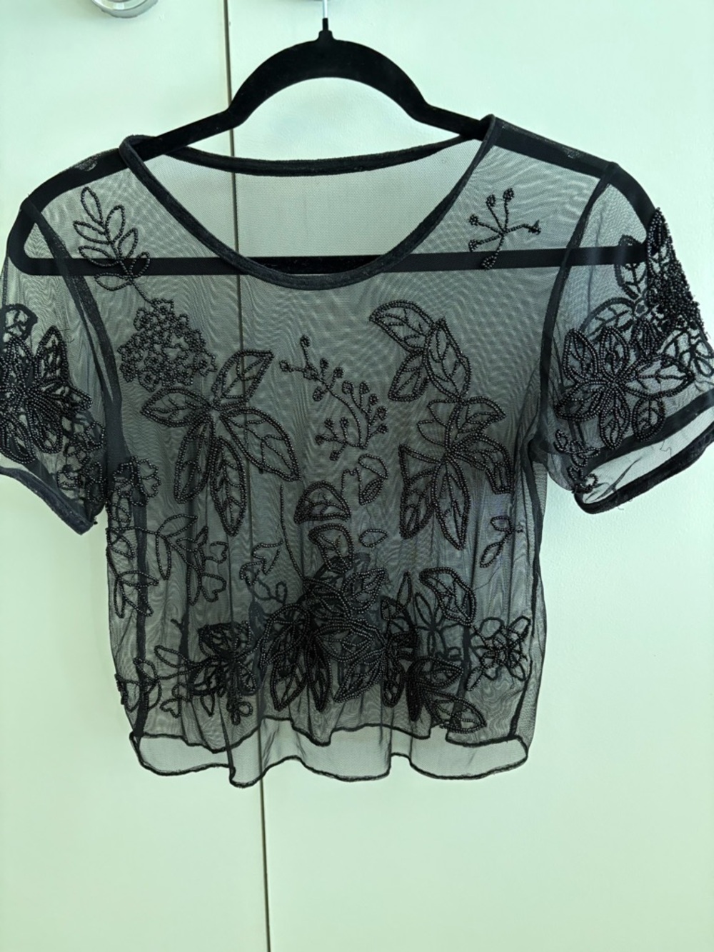 Sheer Black Embroidered Floral Short Sleeve Top - Women's